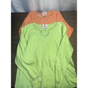 The Quacker Factory Women's Medium 3/4 Sleeve Sequin Embellished Shirts Lot of 2
